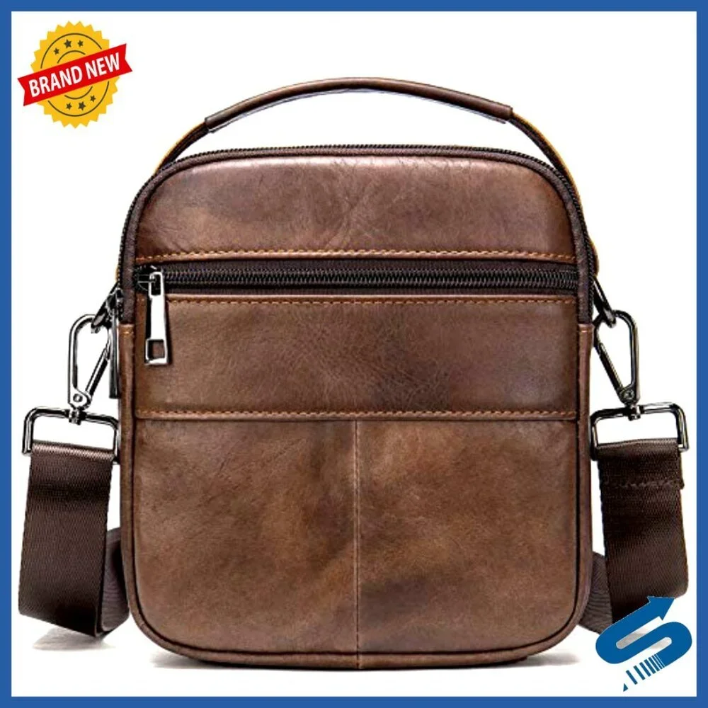 Mini Genuine Leather Messenger Bag with 5 Zipper Pockets for Men
